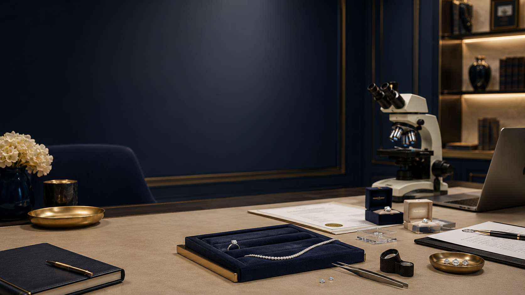 Luxury appraisal office desk with jewelry and gemological tools